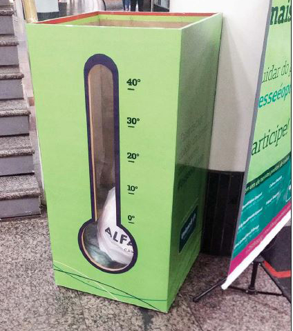 Caixa coletora de agasalhos colocada em shopping de Nova Friburgo. 