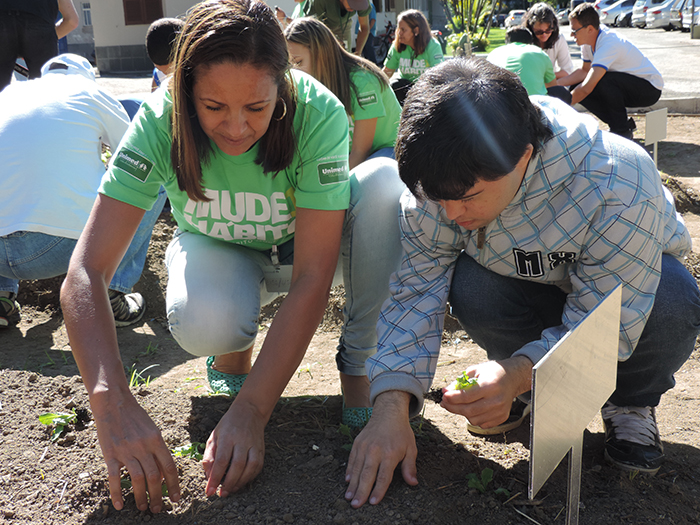 Colaboradores da Unimed Volta Redonda e assistidos da Apae participaram do plantio de hortaliças 