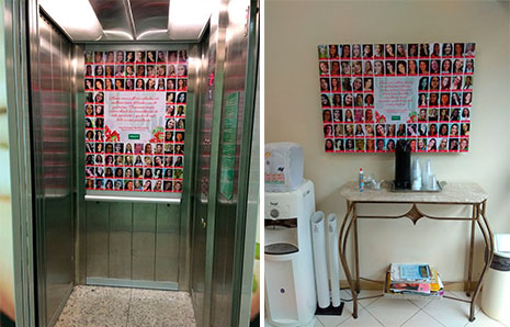  Esquerda: Adesivo homenageando as colaboradas da Unimed no elevador da sede. Direita: O adesivo também foi fixado na recepção do Espaço Viver Bem.