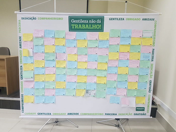 Banner colocado no relógio de ponto com as mensagens escritas pelos colaboradores