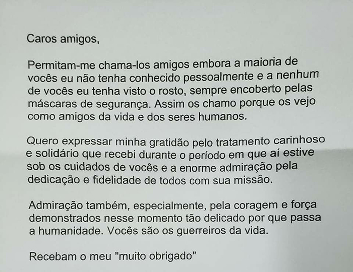 A carta enviada por um paciente emocionou a todos os colaboradores do Hospital Unimed Petrópolis.
