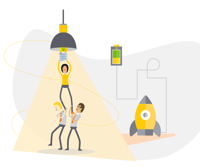 Ilustração de pessoas se ajudando para trocar a lâmpada